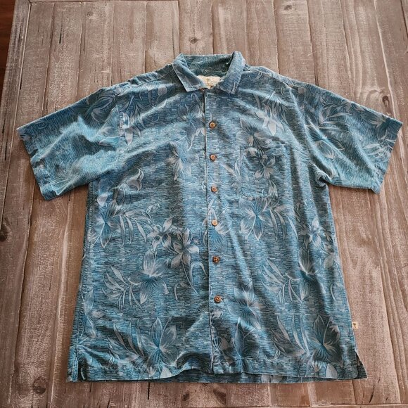 Island Shores Blue Washable Silk Hawaiian Shirt Large Short Sleeve 100% Silk - Picture 3 of 8